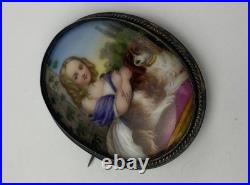 Victorian 1800's Sterling Silver Hand Painted Young Girl King Charles Dog Brooch