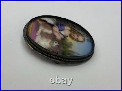 Victorian 1800's Sterling Silver Hand Painted Young Girl King Charles Dog Brooch