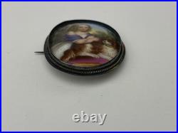 Victorian 1800's Sterling Silver Hand Painted Young Girl King Charles Dog Brooch