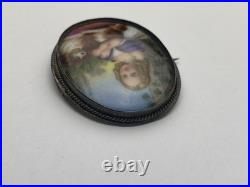 Victorian 1800's Sterling Silver Hand Painted Young Girl King Charles Dog Brooch