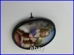 Victorian 1800's Sterling Silver Hand Painted Young Girl King Charles Dog Brooch