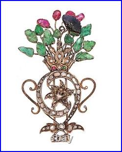 Victorian 1837 Mughal Tutti Frutti Brooch In 17Kt Gold With Carved Gemstones