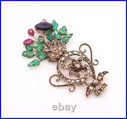 Victorian 1837 Mughal Tutti Frutti Brooch In 17Kt Gold With Carved Gemstones