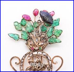 Victorian 1837 Mughal Tutti Frutti Brooch In 17Kt Gold With Carved Gemstones