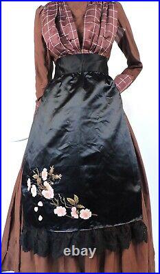 Victorian 1870s Black Silk Satin Apron W Hand Emb Florals For Dress