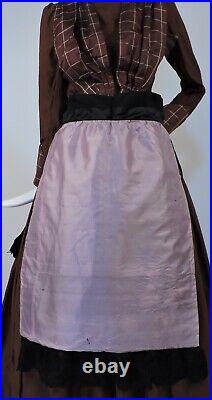 Victorian 1870s Black Silk Satin Apron W Hand Emb Florals For Dress