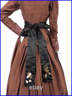 Victorian 1870s Black Silk Satin Apron W Hand Emb Florals For Dress