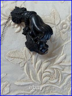 Victorian (1880) Vulcanite HAND brooch silver pin and safety chain