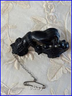 Victorian (1880) Vulcanite HAND brooch silver pin and safety chain