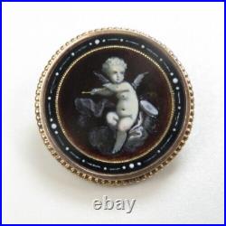 Victorian 1880's Hand Painted Enamel Winged Cherub Pin 10K Yellow Gold 0.753