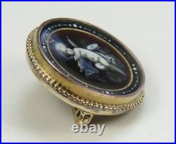 Victorian 1880's Hand Painted Enamel Winged Cherub Pin 10K Yellow Gold 0.753
