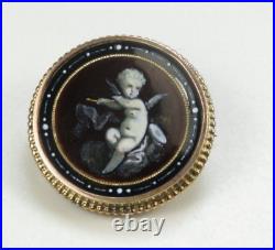 Victorian 1880's Hand Painted Enamel Winged Cherub Pin 10K Yellow Gold 0.753