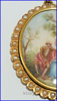 Victorian 18K Gold Hand Painted Courting Scene And Seed Pearl Mystery Pendant