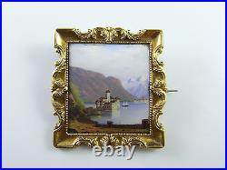 Victorian 18K Gold Miniature Enamel Castle Pin Swiss Brooch Antique 19th C 750