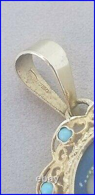 Victorian 18K Gold Turquoise Hand Painted Pendant Brooch Made in Italy 11.3g