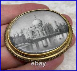 Victorian 18K HAND-PAINTED MINIATURE TAJ MAHAL Grand Tour Hair/Mourning Brooch