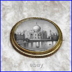 Victorian 18K HAND-PAINTED MINIATURE TAJ MAHAL Grand Tour Hair/Mourning Brooch