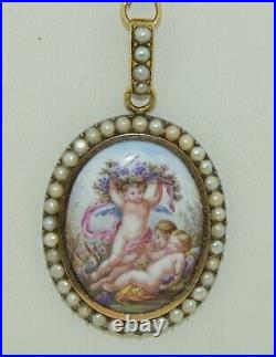 Victorian 18K Split Pearl Hand Painted Porcelain Cherub Putti Pendant