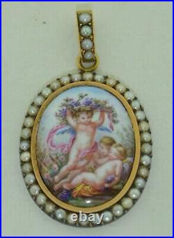 Victorian 18K Split Pearl Hand Painted Porcelain Cherub Putti Pendant