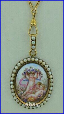 Victorian 18K Split Pearl Hand Painted Porcelain Cherub Putti Pendant