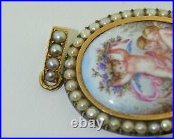 Victorian 18K Split Pearl Hand Painted Porcelain Cherub Putti Pendant