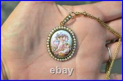 Victorian 18K Split Pearl Hand Painted Porcelain Cherub Putti Pendant