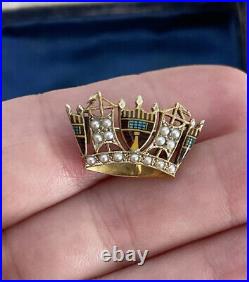 Victorian 19t brooch English Crown 9K Gold hand painted Seed Pearl Very Rare