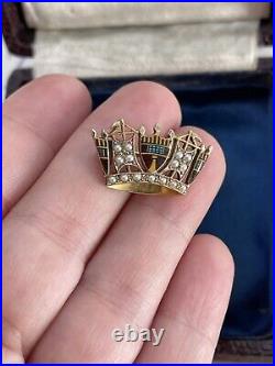 Victorian 19t brooch English Crown 9K Gold hand painted Seed Pearl Very Rare