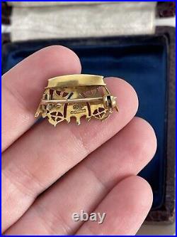 Victorian 19t brooch English Crown 9K Gold hand painted Seed Pearl Very Rare