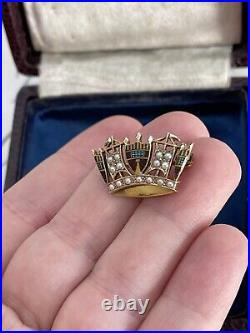 Victorian 19t brooch English Crown 9K Gold hand painted Seed Pearl Very Rare