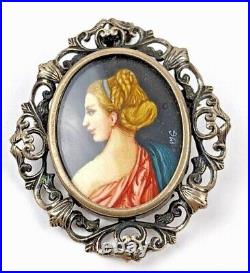 Victorian 800 Silver Filigree Hand Painted Portrait Signed Brooch or Pendant