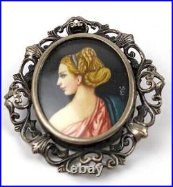 Victorian 800 Silver Filigree Hand Painted Portrait Signed Brooch or Pendant