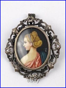 Victorian 800 Silver Filigree Hand Painted Portrait Signed Brooch or Pendant