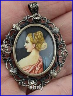 Victorian 800 Silver Filigree Hand Painted Portrait Signed Brooch or Pendant
