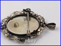 Victorian 800 Silver Filigree Hand Painted Portrait Signed Brooch or Pendant