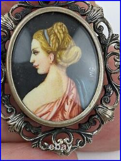 Victorian 800 Silver Filigree Hand Painted Portrait Signed Brooch or Pendant