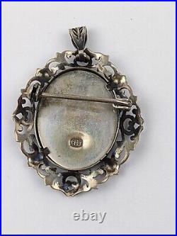 Victorian 800 Silver Filigree Hand Painted Portrait Signed Brooch or Pendant