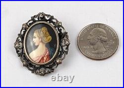 Victorian 800 Silver Filigree Hand Painted Portrait Signed Brooch or Pendant