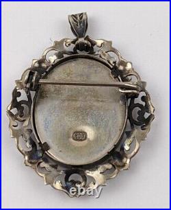 Victorian 800 Silver Filigree Hand Painted Portrait Signed Brooch or Pendant