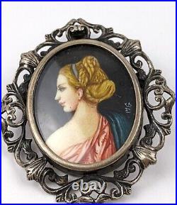 Victorian 800 Silver Filigree Hand Painted Portrait Signed Brooch or Pendant