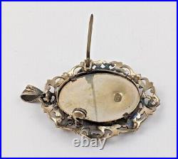 Victorian 800 Silver Filigree Hand Painted Portrait Signed Brooch or Pendant