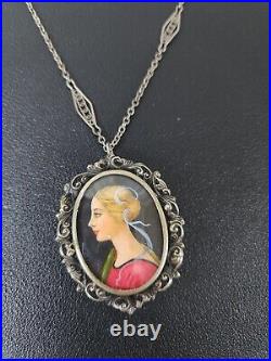 Victorian 800 Silver Filigree Hand Painted Portrait Signed Necklace Brooch