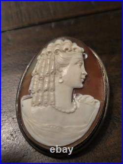 Victorian 900 Silver Case Hand Carved Shell Cameo Brooch Pendant, Pin Nice