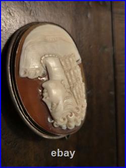 Victorian 900 Silver Case Hand Carved Shell Cameo Brooch Pendant, Pin Nice