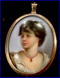 Victorian 9kt Hand Painted Porcelain Young Lady Gold Necklace Brooch Signed