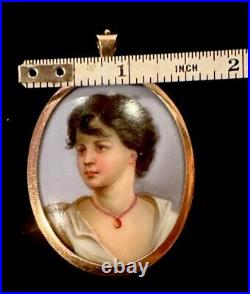 Victorian 9kt Hand Painted Porcelain Young Lady Gold Necklace Brooch Signed