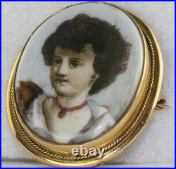 Victorian Antiqu Concave Hand Painted Porcelain Portrait Pin