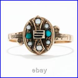 Victorian Antique 10k Yellow Gold Turquoise Seed Pearl Hand Engraved Ring 7.75