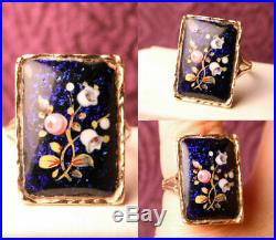 Victorian Antique 14K Yellow Gold Ring Hand Painted Blue Pink Floral Enamel