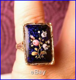Victorian Antique 14K Yellow Gold Ring Hand Painted Blue Pink Floral Enamel